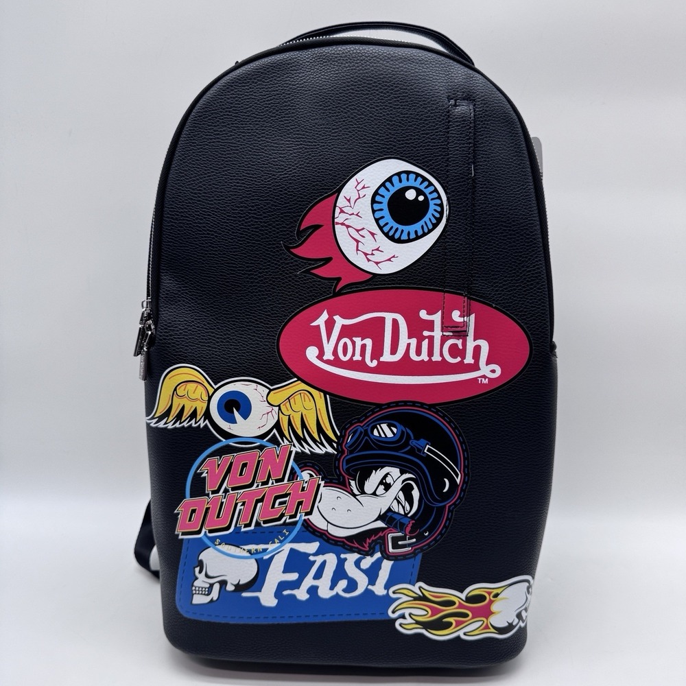 Von Dutch Sticker Logo Backpack Black Faux Leather Y2K VDBP-013 New With Tags